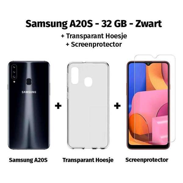 Samsung Galaxy A20s - 32GB - Zwart + Transparant Hoesje + Screenprotector van HGA