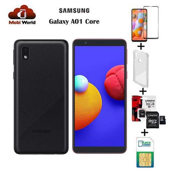 Samsung Galaxy A01 Core 2020| 16GB | Dual sim | Zwart| + 16GB SD kaart + Hoesje + Beschermglas + NL simkaart