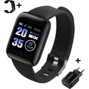 Belesy® - Smartwatch - Zwart + USB stekker + extra zwarte polsband