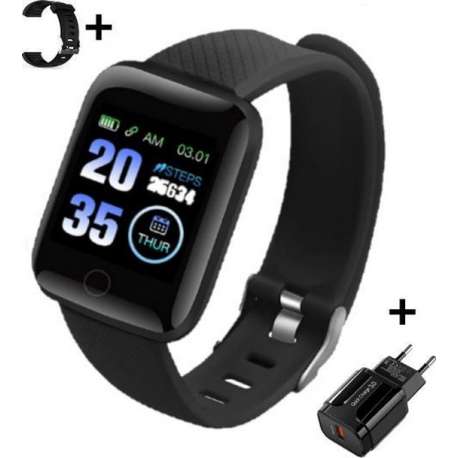 Belesy® - Smartwatch - Zwart + USB stekker + extra zwarte polsband