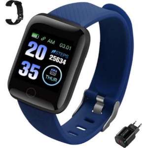 Belesy - Smartwatch - blauw - USB oplaadstekker kado + extra zwarte polsband