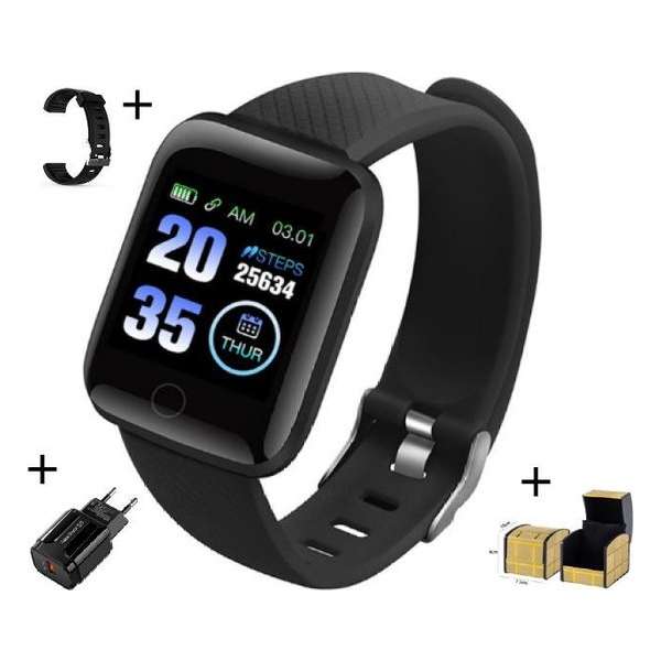 Belesy® Smartwatch - Zwart - USB stekker cadeau - Gratis extra zwarte polsband - in luxe horloge box verpakt