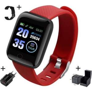 Belesy - Smartwatch - Zwart - Rode + zwarte polsband - inclusief USB oplaadstekker met Luxe horloge box