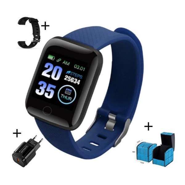 Belesy® smartwatch - Stappenteller - Bloeddrukmeter - Blauw - Extra blauw polsbandje kado - Luxe horloge box