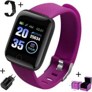 Belesy® - Smartwatch -Zwart + paars polsbandje + luxe horloge box