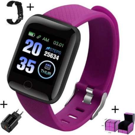 Belesy® - Smartwatch -Zwart + paars polsbandje + luxe horloge box