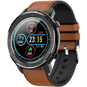 Belesy® Modern - Smartwatch - Horloge - 1.28 inch - Kleurenscherm - Full Touch - Zwart - Bruin - Leer