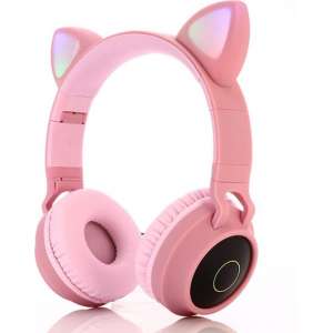 Kinder hoofdtelefoon - koptelefoon Bluetooth met led kattenoortjes roze