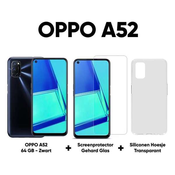 OPPO A52 - 64GB - Zwart + Transparant Hoesje + Screenprotector