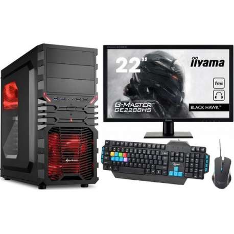 Complete Game PC Met 22" Monitor, Toetsenbord en Muis - Ryzen 3200G - 8GB RAM - 480GB SSD - VEGA 8 - ROOD