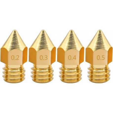 3d printer MK8 Nozzle mix - 10 stuks - 0.2mm, 0.3mm, 0.4mm, 0.5mm - brass