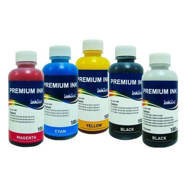 Dye/Pigment refill inkt voor Canon van Inktec® Set van 5 x 100 ml Zwart Pigment, Zwart Dye, Cyaan Dye, Magenta Dye en Geel Dye