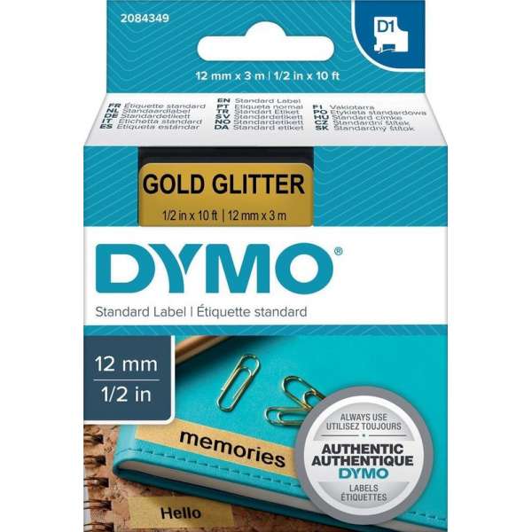 DYMO D1 12MMX3M BLK/GLD GLTR TAPE EMEA