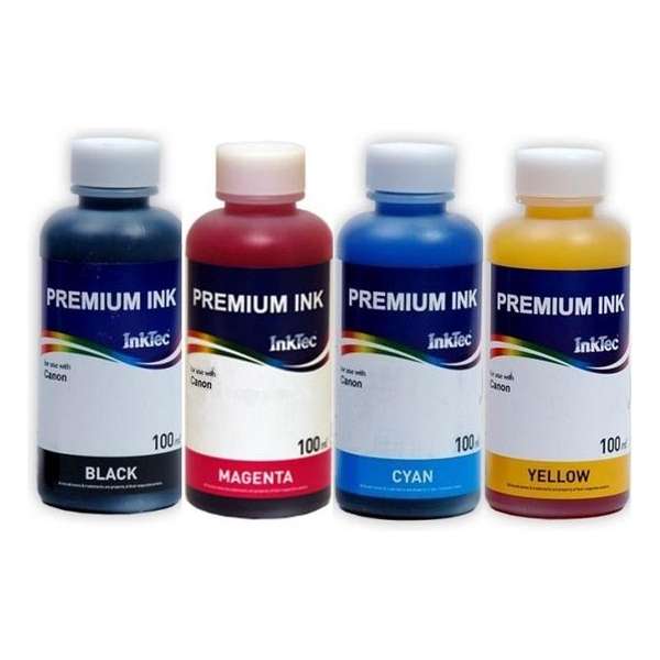 Dye refill inkt voor Canon van Inktec® Set van 4 x 100 ml Zwart, Cyaan, Magenta en Geel. Kan universeel worden gebruikt