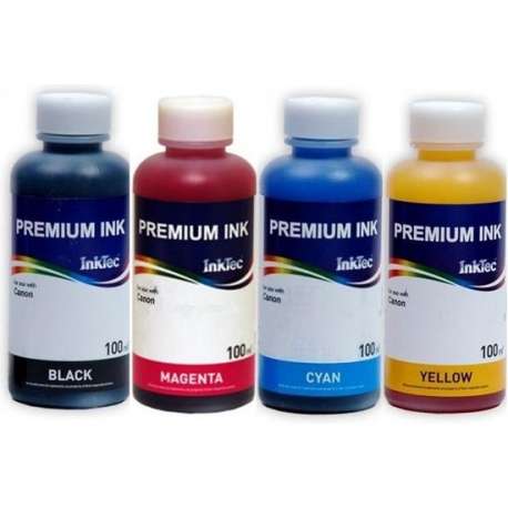 Dye refill inkt voor Canon van Inktec® Set van 4 x 100 ml Zwart, Cyaan, Magenta en Geel. Kan universeel worden gebruikt