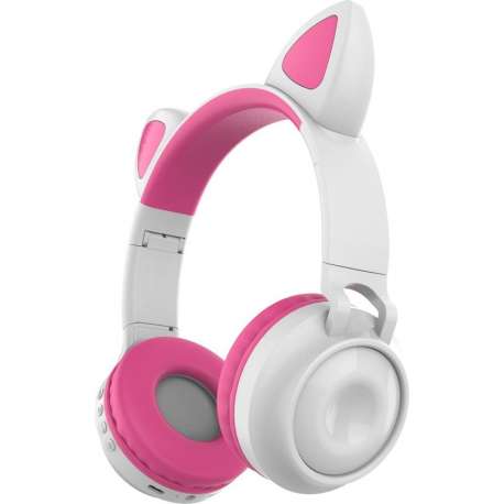 Kinder hoofdtelefoon - koptelefoon Bluetooth met led kattenoortjes miauw - wit-roze