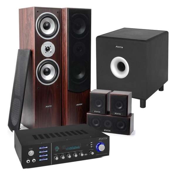 Home Cinema set van Fenton met Bluetooth, 5 speakers (walnoot), een 10" actieve subwoofer