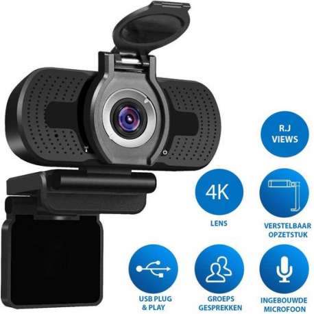 2K webcam met 4K lens voor PC met Microfoon & Webcam Cover - Werk & Thuis - Videobellen - USB - Zwart