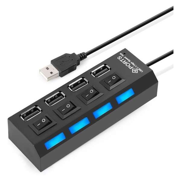 MMOBIEL High Speed 4 Ports 2.0 USB Hub - Multi Oplaadadapter - Aan/Uit Knop - Led Verlichting