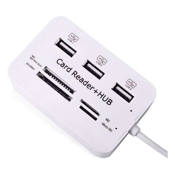 Multi USB 2.0 Hub Splitter & Geheugenkaartlezer - 3 Poorts Verdeler Met Memory Card - MMC/TF/Micro SD Kaart Reader - Wit