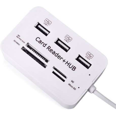 Multi USB 2.0 Hub Splitter & Geheugenkaartlezer - 3 Poorts Verdeler Met Memory Card - MMC/TF/Micro SD Kaart Reader - Wit