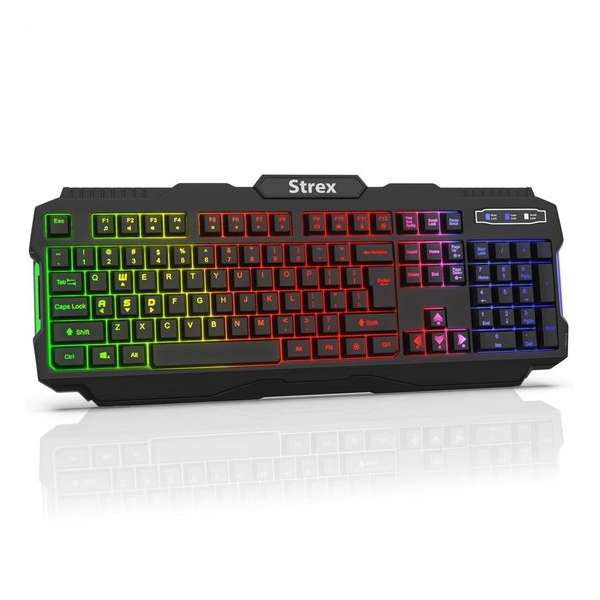 Strex Gaming Toetsenbord | Qwerty | RGB Sfeerverlichting | Multimedia Toetsen | Zwart