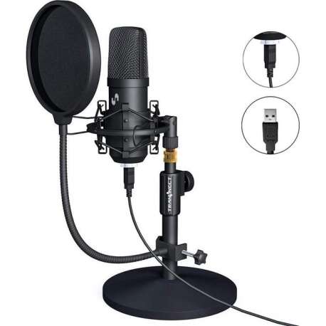 Transnect TR800 - USB Condensator Studio microfoon met stand - Schokdemping Popfilter en Geluidskaart - microfoon voor pc