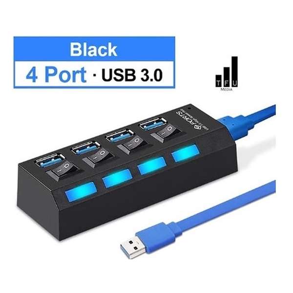 USB Hub-3.0 USB-Splitter Multi- 4 Poorten- Hub Splitters- Met Power Adapter-Computer Accessoires- Zwart-Led