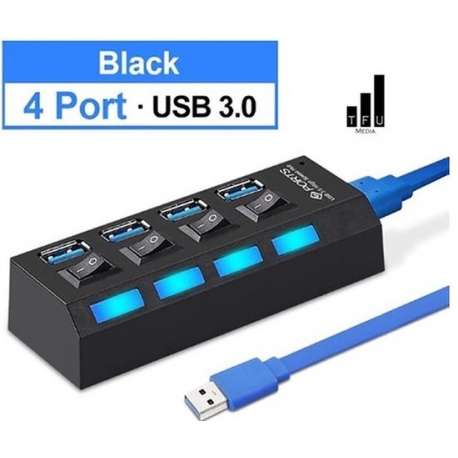 USB Hub-3.0 USB-Splitter Multi- 4 Poorten- Hub Splitters- Met Power Adapter-Computer Accessoires- Zwart-Led