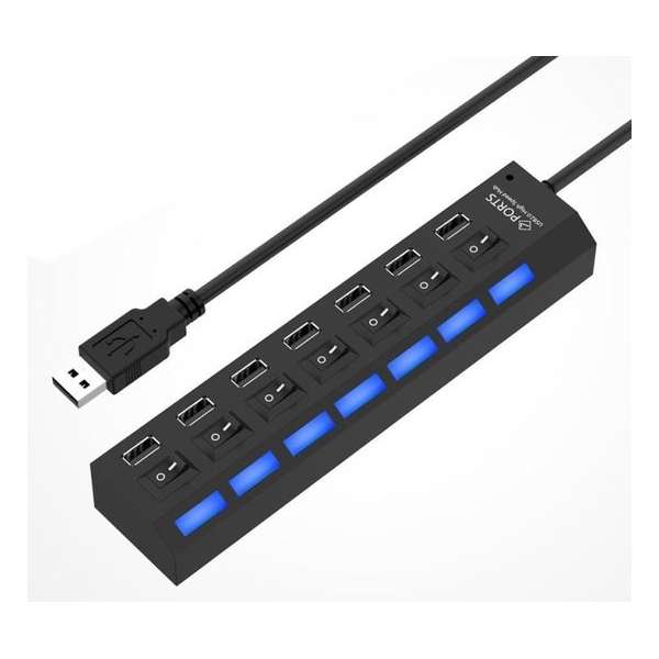 HI Speed - Zakelijke USB Splitter - USB Hub Met 7 Poorten - Aan/Uit Switch - Laptop én Desktop - Zwart