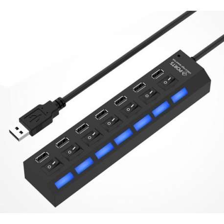 HI Speed - Zakelijke USB Splitter - USB Hub Met 7 Poorten - Aan/Uit Switch - Laptop én Desktop - Zwart