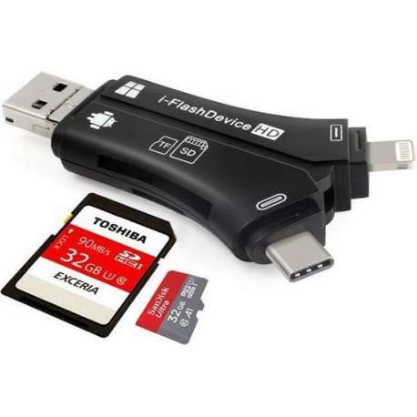 Micro SD-kaartlezer,  4 in 1 externe kaartlezer USB-stick Micro SD & TF Card Reader Adapter-zwart