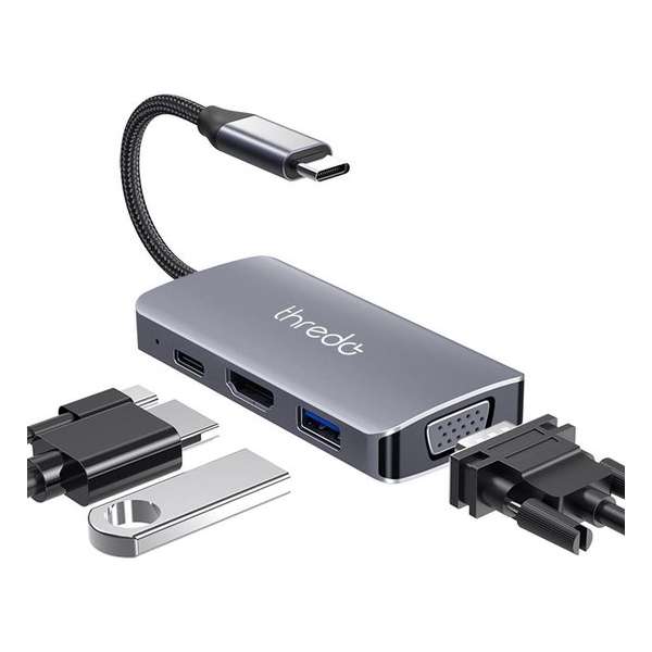 Thredo 4 in 1 USB C Hub - USB C + USB 3.0 + 4K HDMI + VGA - Met voeding