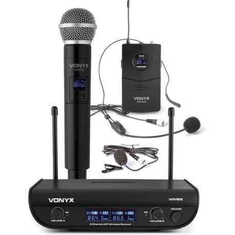Draadloze microfoon - Vonyx WM82C draadloze UHF microfoonset met handheld en headset microfoon