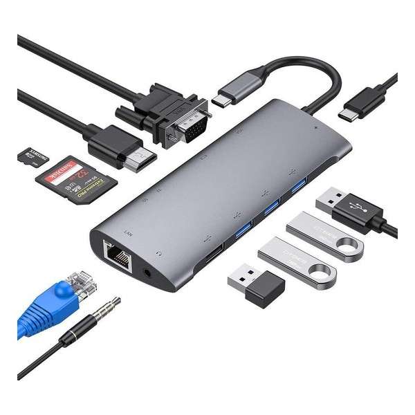 10-in-1 USB-C Hub met HDMI + VGA + 3 x USB3.0 + USB-C (opladen) + SD/Micro SD + Ethernet + 3.5mm Audio