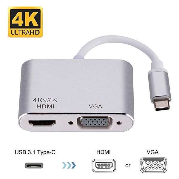 Garpex® 2 in 1 USB 3.1 TYPE C naar HDMI en VGA converter Zilvergrijs 23cm