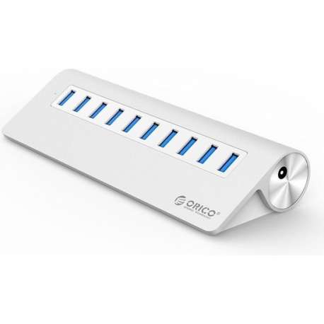 Orico - Aluminium 10 Poort USB 3.0 hub 5Gbps geschikt voor o.a. computer / laptop / MacBook / iMac - Zilver