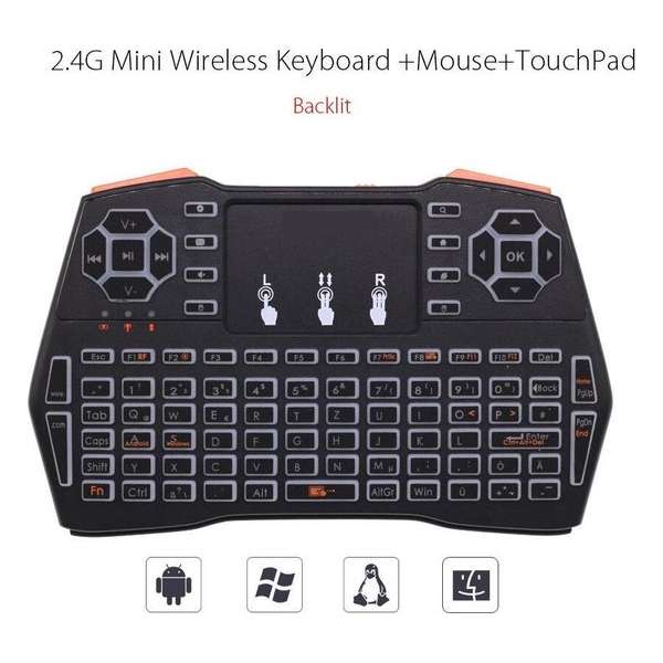 DrPhone VTI8+ Wireless Toetsenbord + Touchpad met Backlit - RF 2.4G Draadloos – QWERTY + muis + multimediabediening + DPI