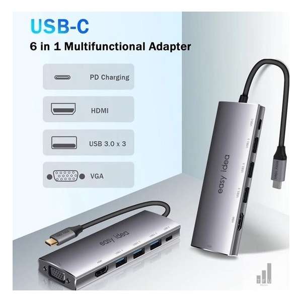 USB Hub 6 in1 USB C Hub - 3x USB 3.0 - 4K HDMI -VGA- USB-C Oplader - Grijs