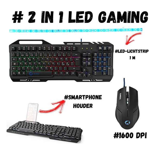 Gaming PC 2 in 1 set| Gaming muis 1600 DPI | Gaming keyboard smartphonehouder|  Led-lichtstrip voor gaming Blauw|Muis 1600 DPI