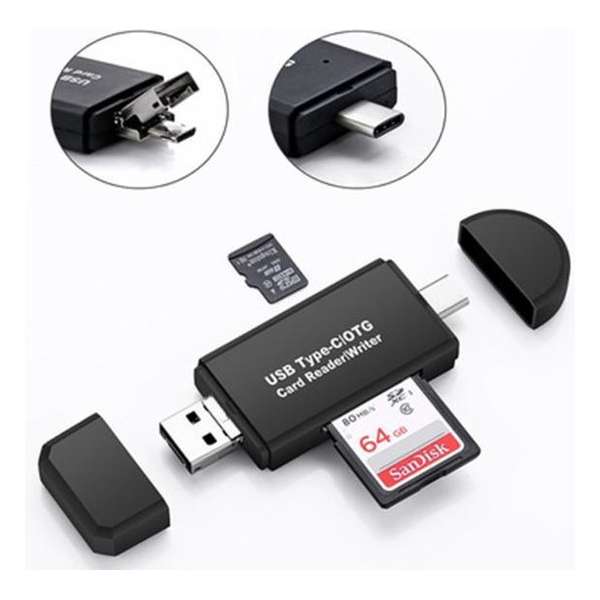 WiseGoods - Multifunctionele Kaartlezer - 4 in 1 Card Reader - Micro USB Naar USB, SD & Micro SD - USB 2.0 - Type C USB - Zwart