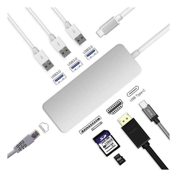 8 in 1 USB-C Hub Adapter - 4K HDMI/RJ 45 Poort /SD/MicroSD/TF Kaartlezers/USB 3.0 A/Type-C PD