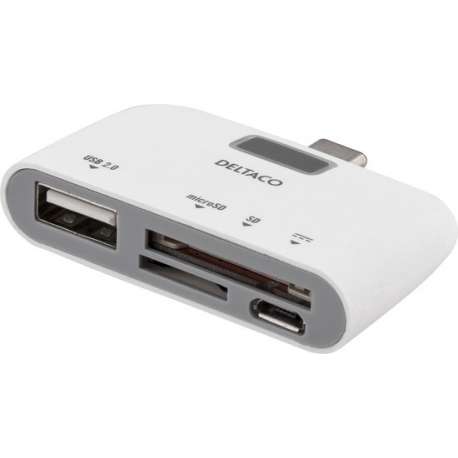 Deltaco UCR-158 USB-C kaartlezer USB 2.0 SD (SDXC) en Micro-SD (SDXC) card reader, USB 2.0 poort en Micro-USB oplaadpoort