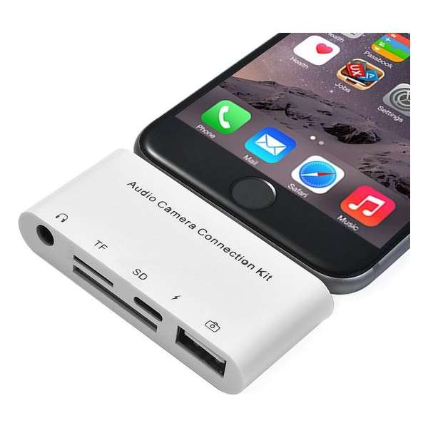5 in 1 8 Pin-naar-USB HUB + USB-C / Type-C + 3,5 mm Oortelefoon + SD + TF-kaartlezer voor MacBook, pc, laptop, slimme telefoons