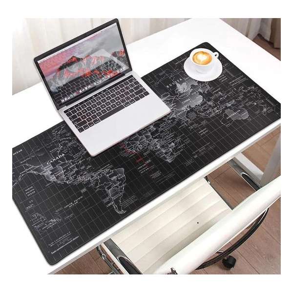 Muismat -- 90x40Cm -- Wereldkaart - zwart -- Full Collor -- Worldmap Mousepad -- Waterproof