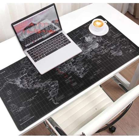 Muismat -- 90x40Cm -- Wereldkaart - zwart -- Full Collor -- Worldmap Mousepad -- Waterproof