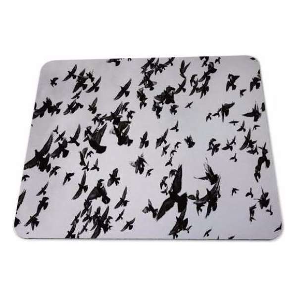 Muismat Vogels zwart wit met textiel toplaag - 22 x 18 cm