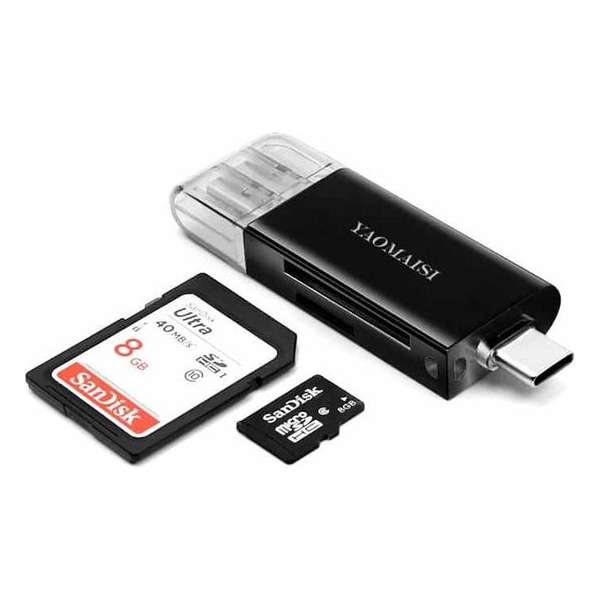 YAOMAISI Q25 2-in-1 USB 3.0 naar Type-C metalen geheugenkaartlezer, SD / TF-kaart (zwart)