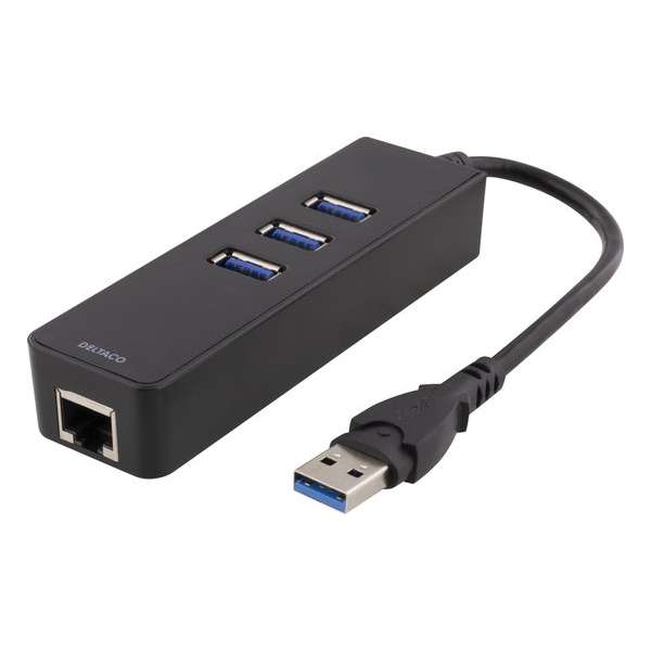 Deltaco USB3-GIGA3, USB 3.1 adapter met 3 x USB HUB en 1 x Gigabit RJ45 poort zwart