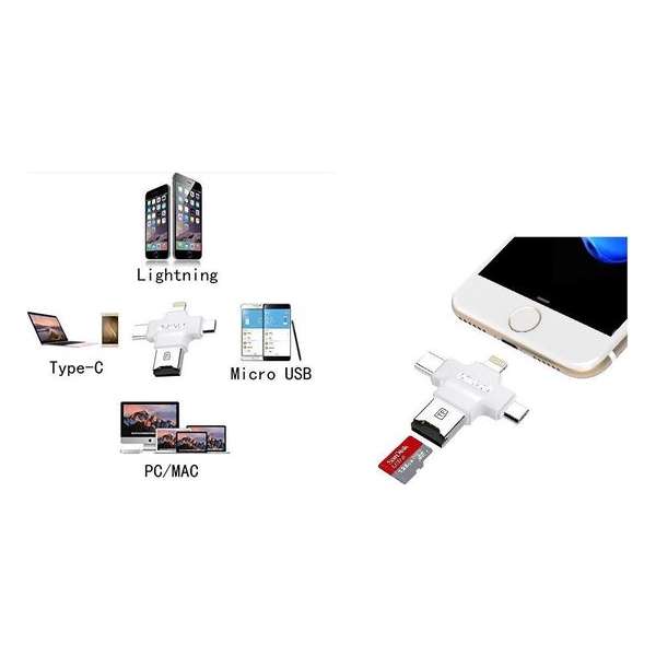 Earldom OTG Adapter All-in 1 - USB Type C - Micro USB - Lightning - Micro USB Card Reader - Wit